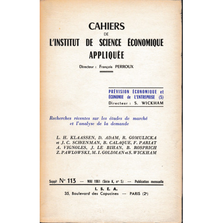 Cahiers de L'institut de science économique Appliques. Suppl. n° 113 Mai 1961 (serie K