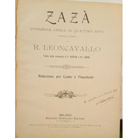 Zazà. Commedia lirica in quattro atti riduzione per canto e pianoforte