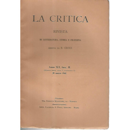 La critica. Rivista di letteratura  storia e filosofia. Anno XLI  fasc. II