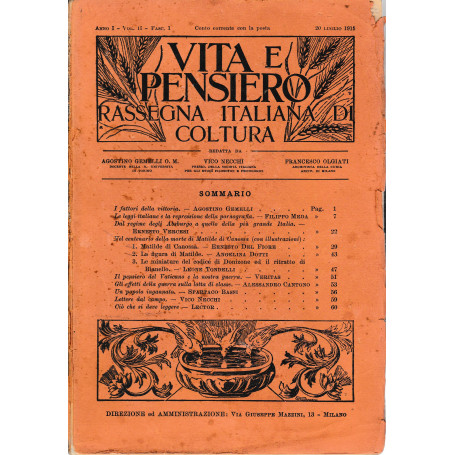 Vita e pensiero. Rassegna italiana di coltura anno I - volumi secondi  sette fascicoli 1915