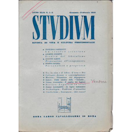 Studium. Rivista di vita e cultura professionale  anno XLII  n. 1-2 Gennaio-Febbraio 1946