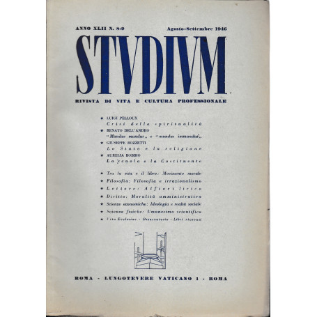 Studium. Rivista di vita e cultura professionale  anno XLII  n. 8-9 Agosyo-Settembre 1946