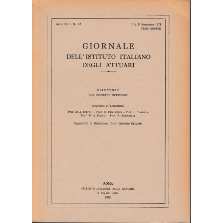 Giornale dell'Istituto Italiano degli Attuari. Anno XLI - n. 1-2  1° e 2° semestre 1978